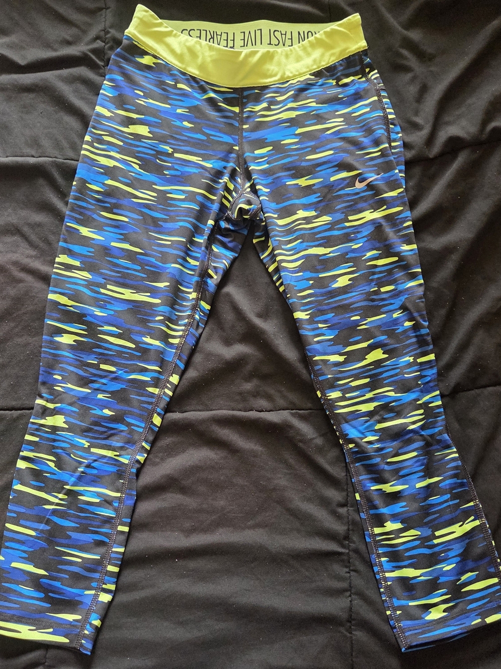 Nike Black, Blue & Neon Yellow Patterned Athletic Leggings